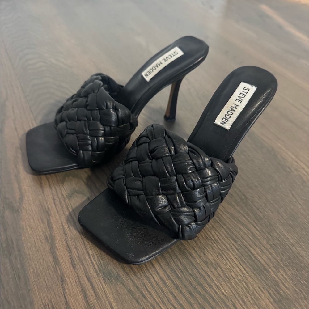 Steve Madden Jarina Black Slip On Squared Open Toe Braided Heeled Sandals